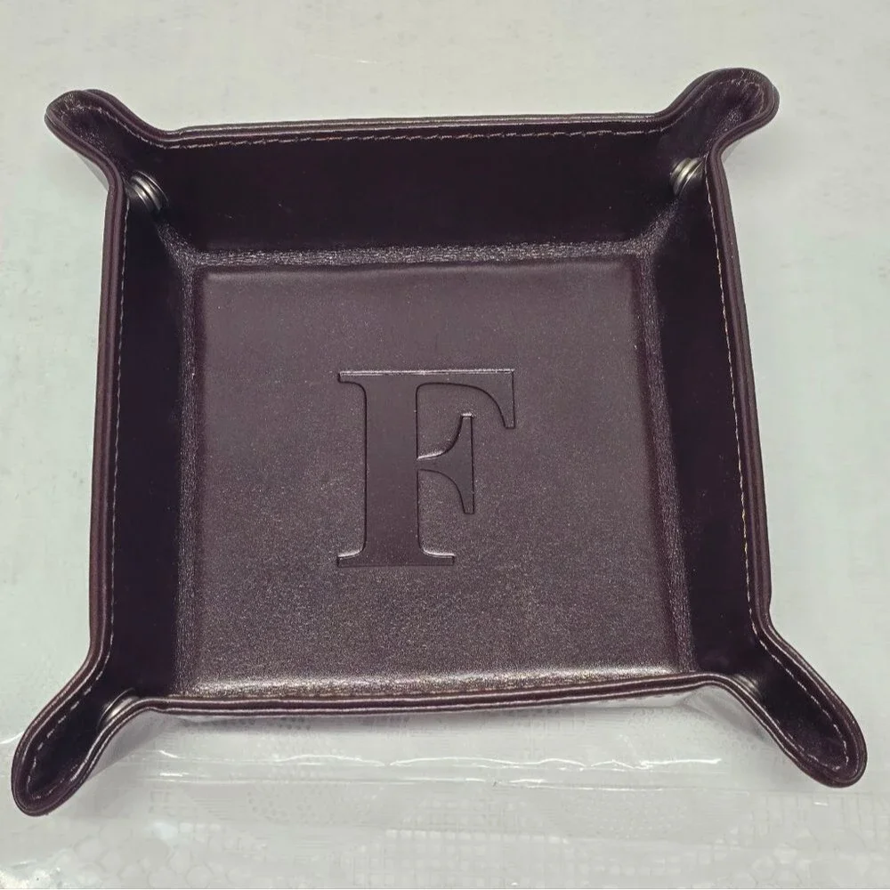 Genuine Brown Leather Valet Tray Trinket Dish Personalized With Letter 